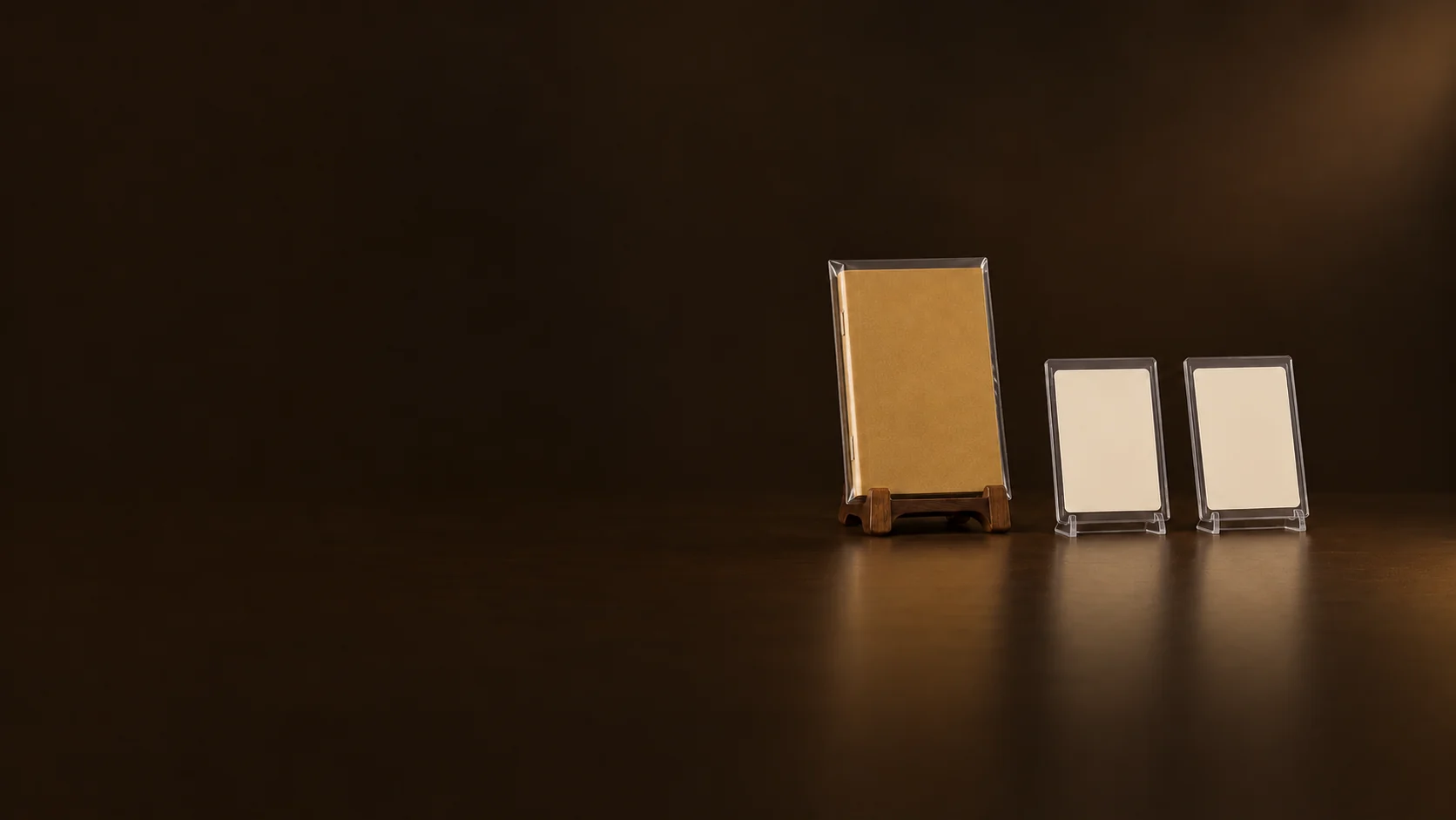 An ochre booklet in a clear sleeve on a walnut support beside two blank ivory cards in clear holders.