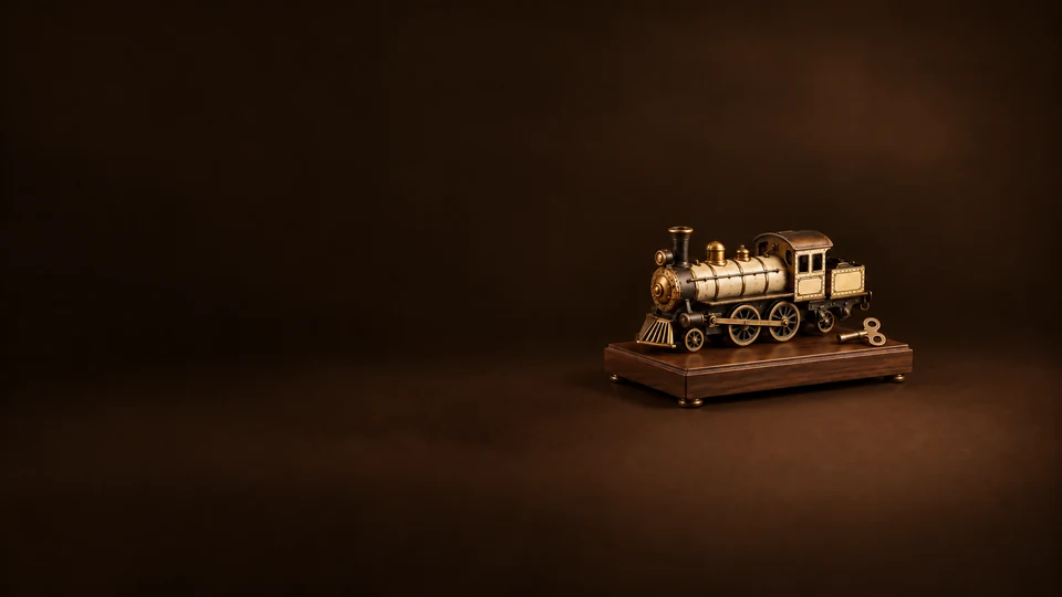 A bronze-and-cream model locomotive with a winding key on a small walnut display platform.