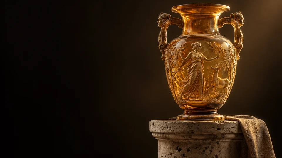 An amber vessel with classical relief and decorative handles on a stone plinth.