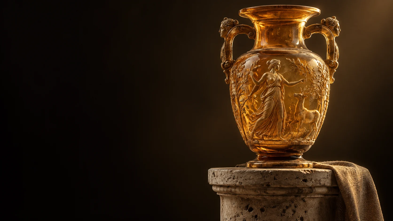 An amber vessel with classical relief and decorative handles on a stone plinth.