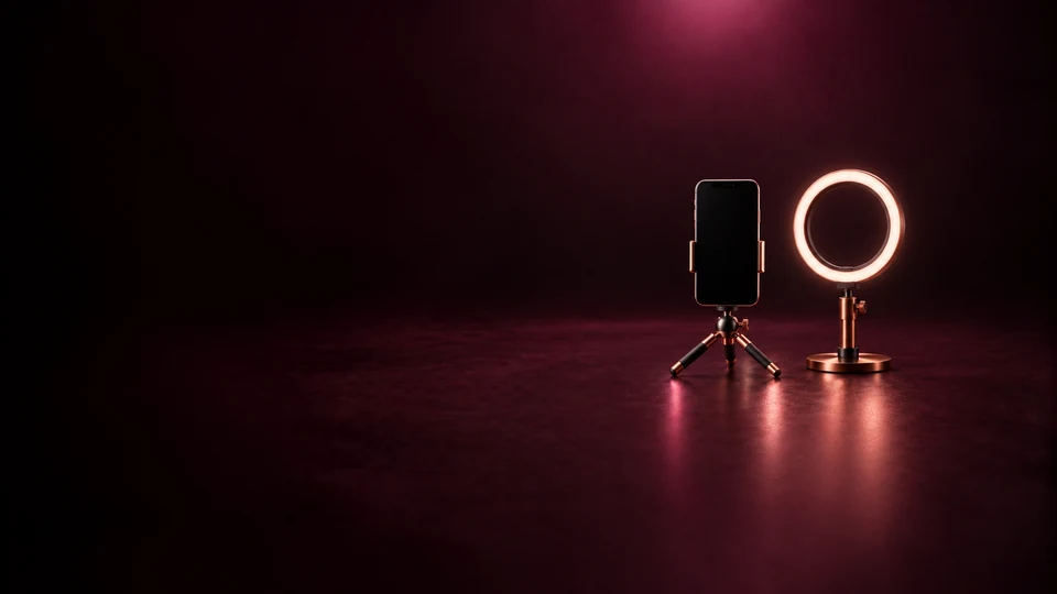 An inactive phone on a small stand beside a ring light.