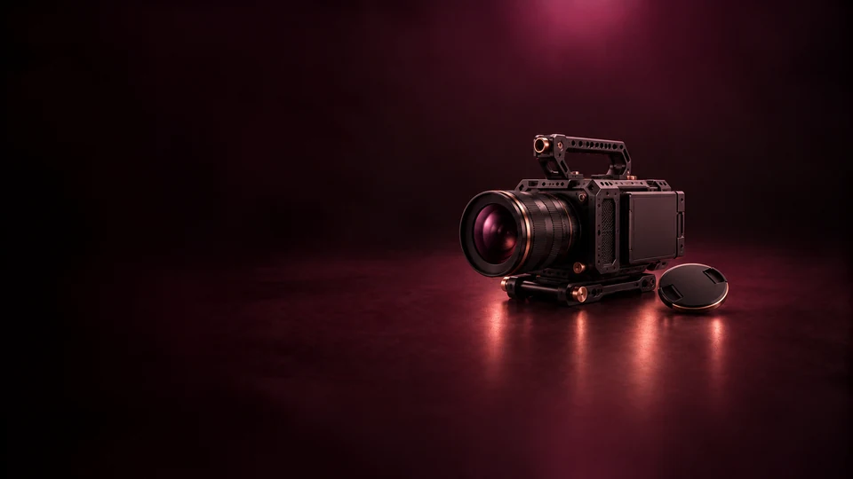 A cinema camera with a short lens and folded support.