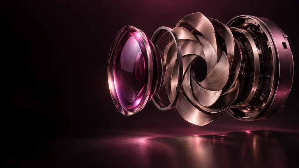 An exploded camera-lens sculpture with rose-metal aperture blades and a magenta glass lens.