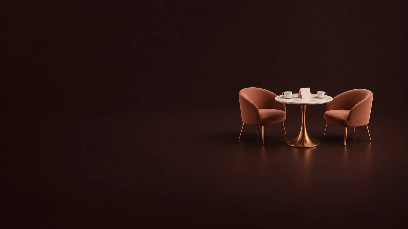 Two terracotta chairs around a copper cafe table with cups and a blank invitation.