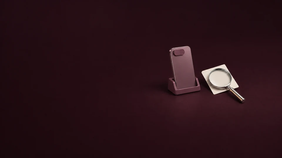 An unbranded phone with a camera cover beside a magnifying glass and blank card.