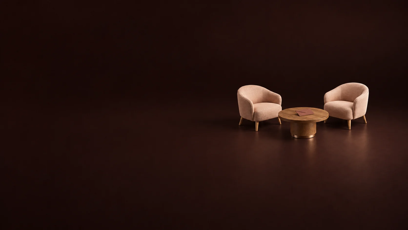 Two peach lounge chairs beside an oak table with a closed russet envelope.