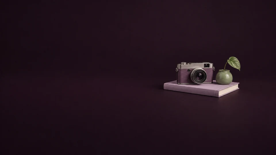 An unbranded camera and sage planter on a lilac book.