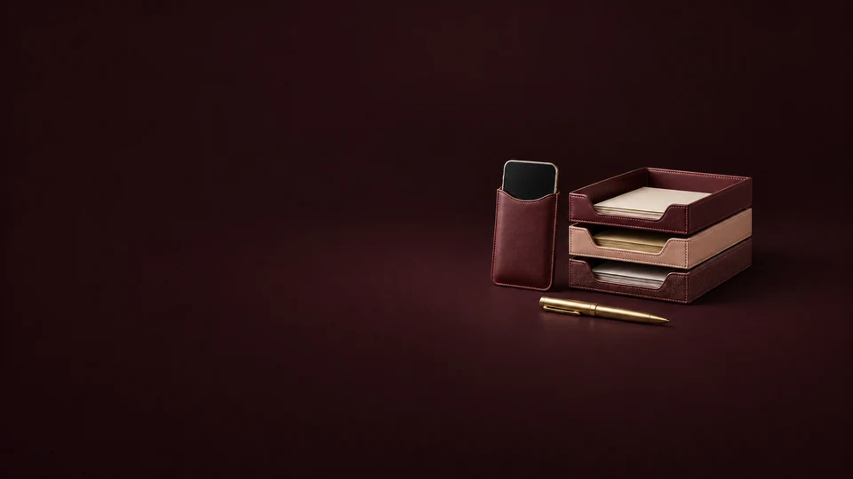 A phone in an oxblood sleeve beside stacked document trays and a brass pen.