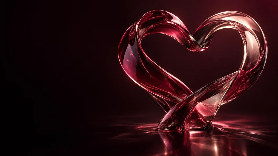 Interlaced ruby and pale-rose glass ribbons forming a heart.