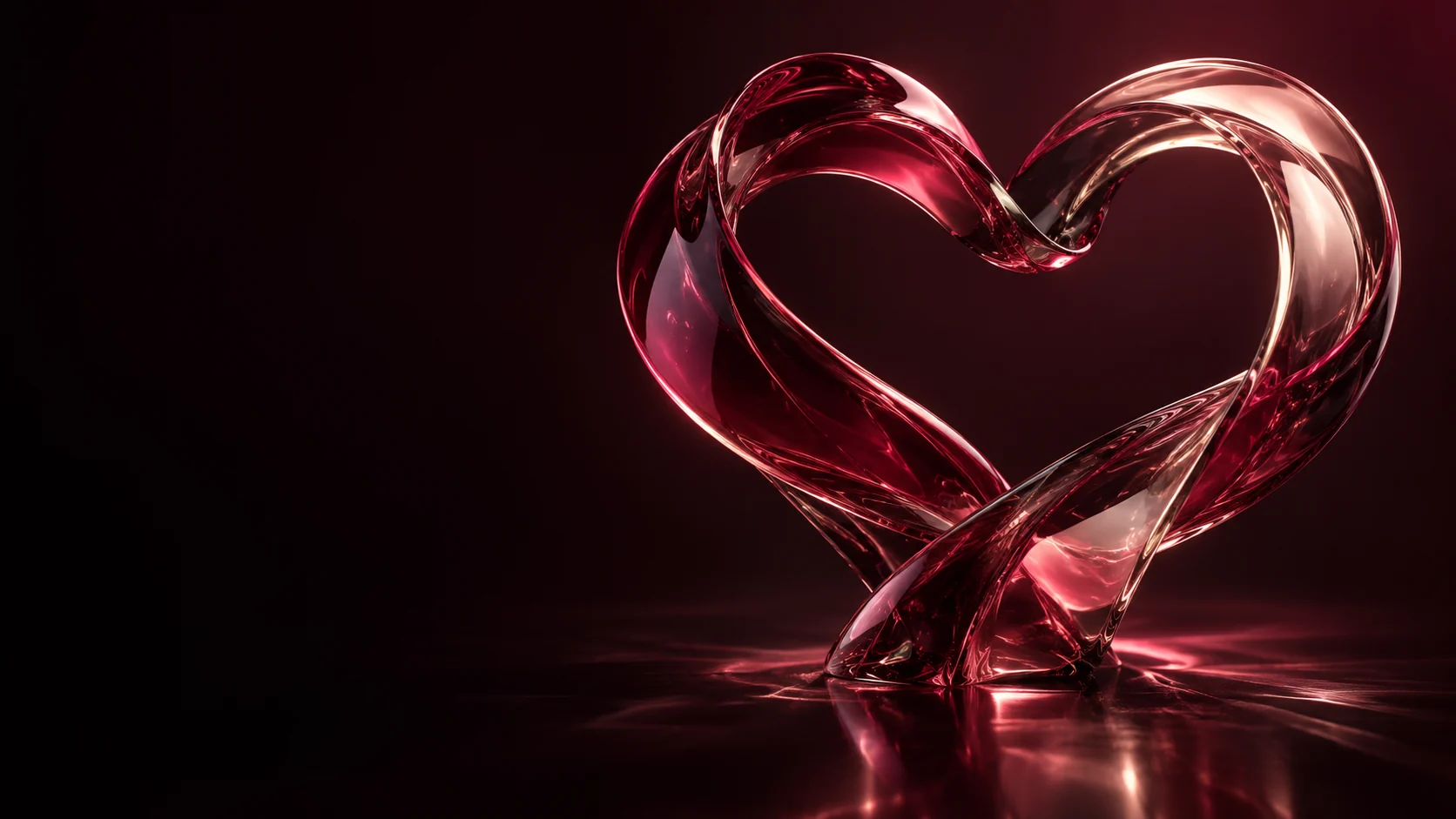 Interlaced ruby and pale-rose glass ribbons forming a heart.