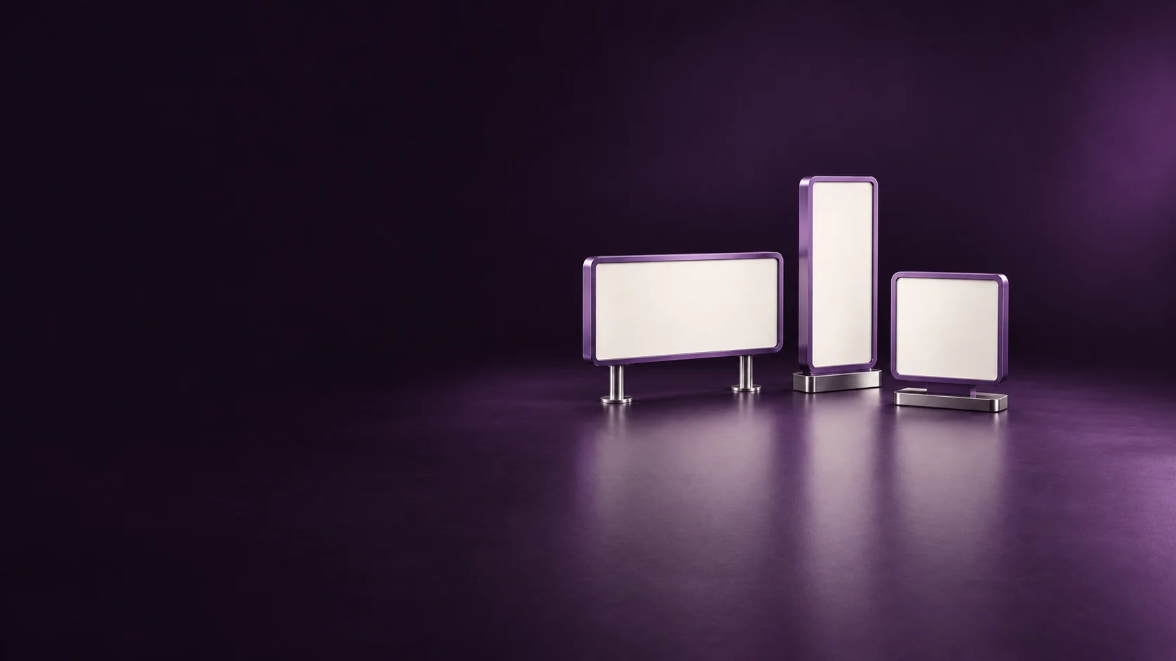 Three blank violet advertising display fixtures in landscape, tall portrait and square formats.