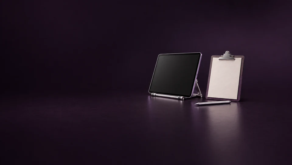 An inactive violet tablet on a silver stand beside a blank clipboard and stylus.