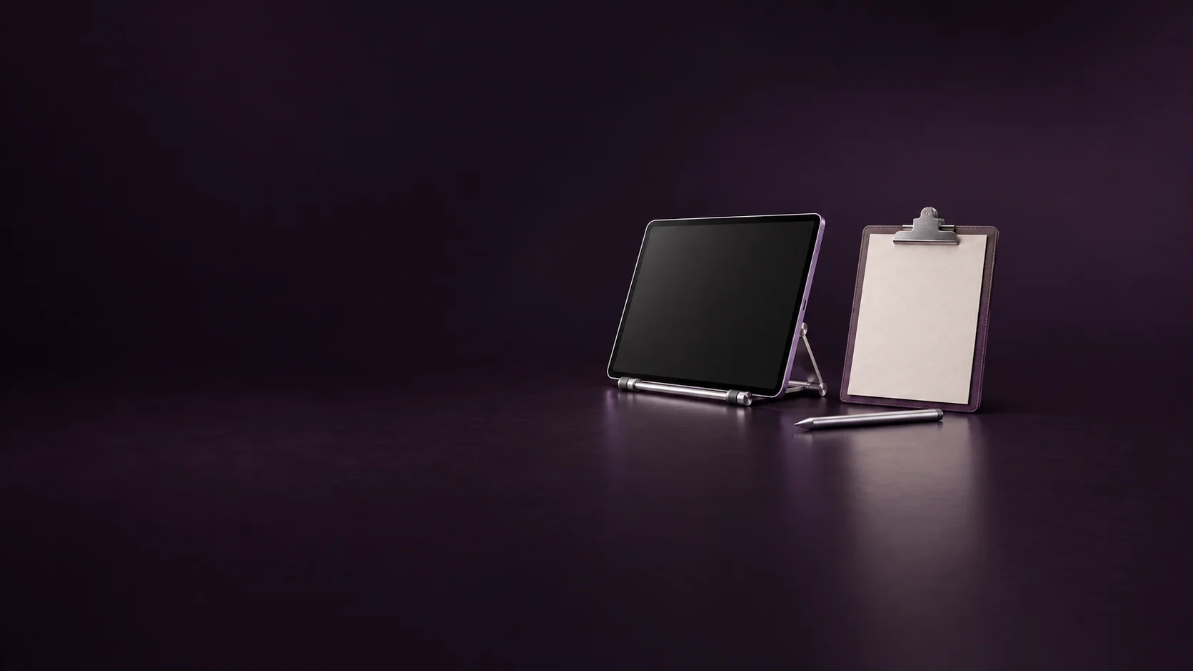 An inactive violet tablet on a silver stand beside a blank clipboard and stylus.