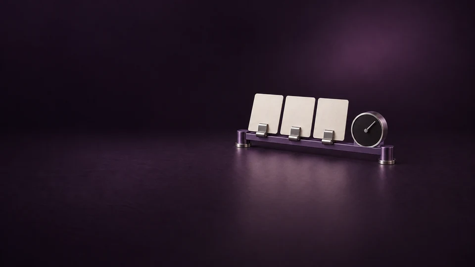 Three blank message cards on a violet metal rail beside an unmarked mechanical timer.