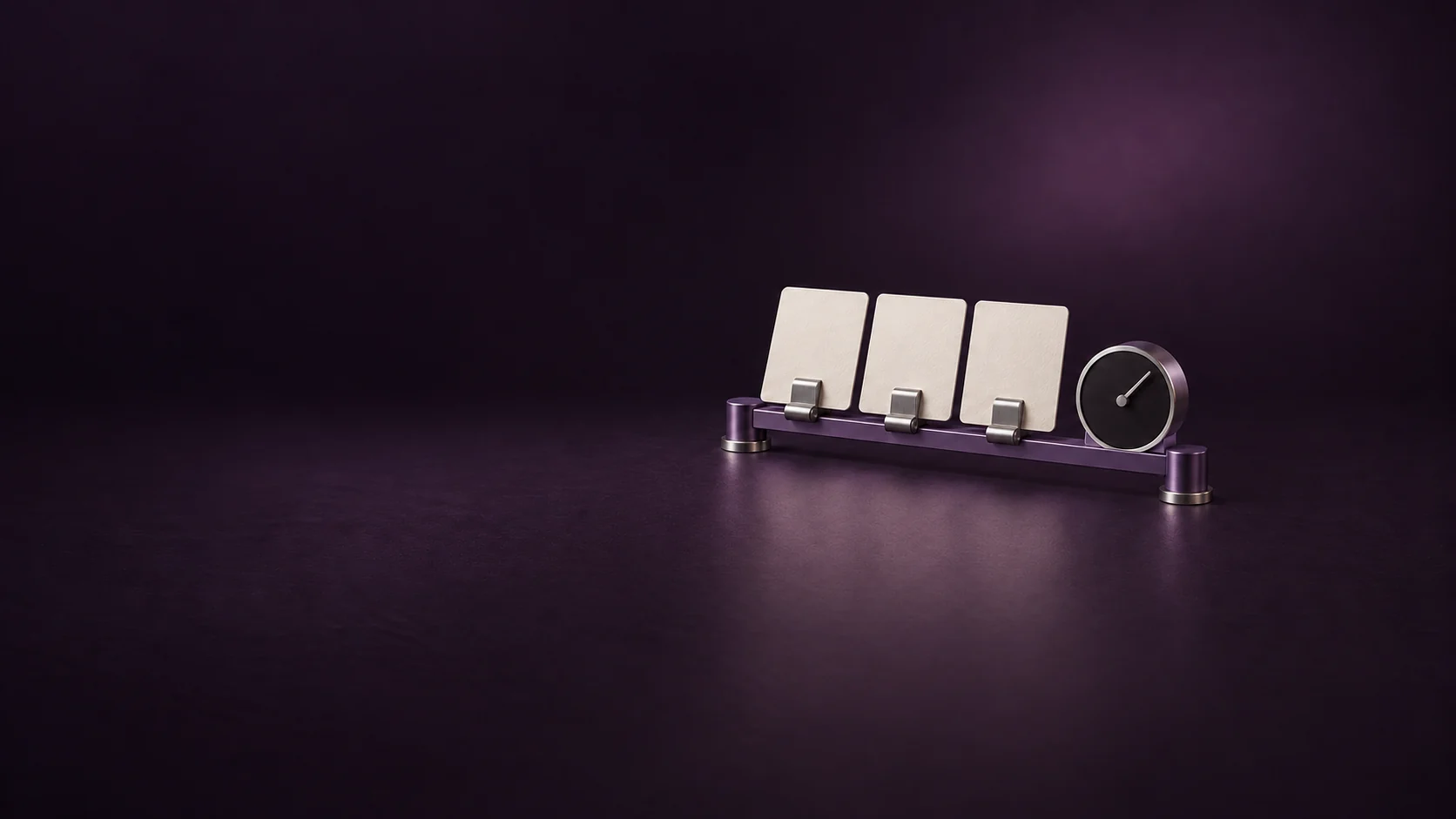 Three blank message cards on a violet metal rail beside an unmarked mechanical timer.