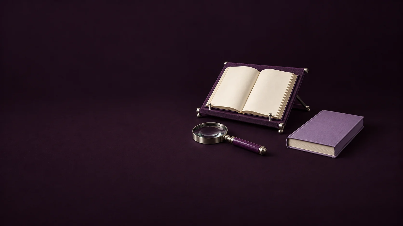 A blank manuscript on an aubergine reading stand beside a magnifier and lavender reference book.