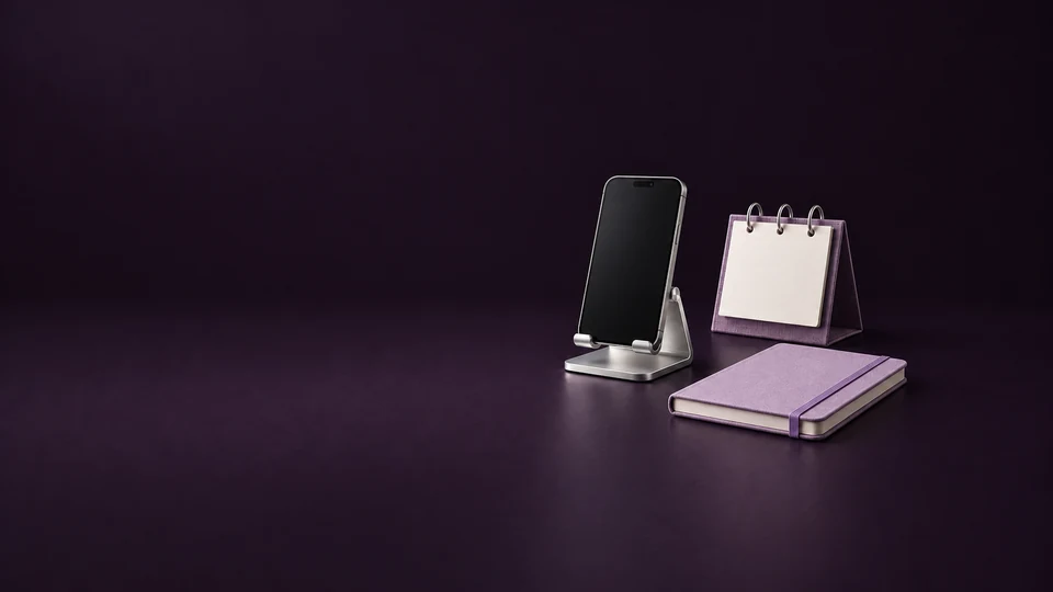 An inactive phone on a silver stand beside a blank violet desk calendar and lavender notebook.