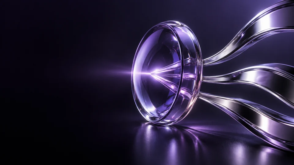 A violet glass ring with curved polished ribbons extending across a dark studio.