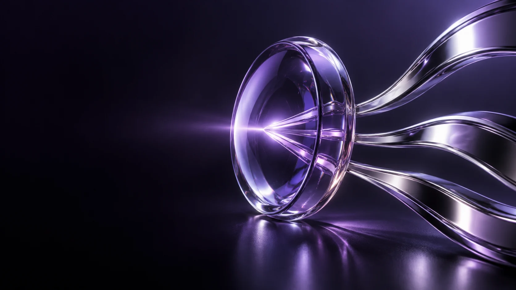 A violet glass ring with curved polished ribbons extending across a dark studio.