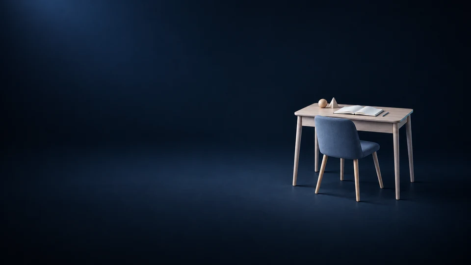 Pale wooden desk and blue upholstered chair with an open blank notebook, pencil and two wooden learning shapes.