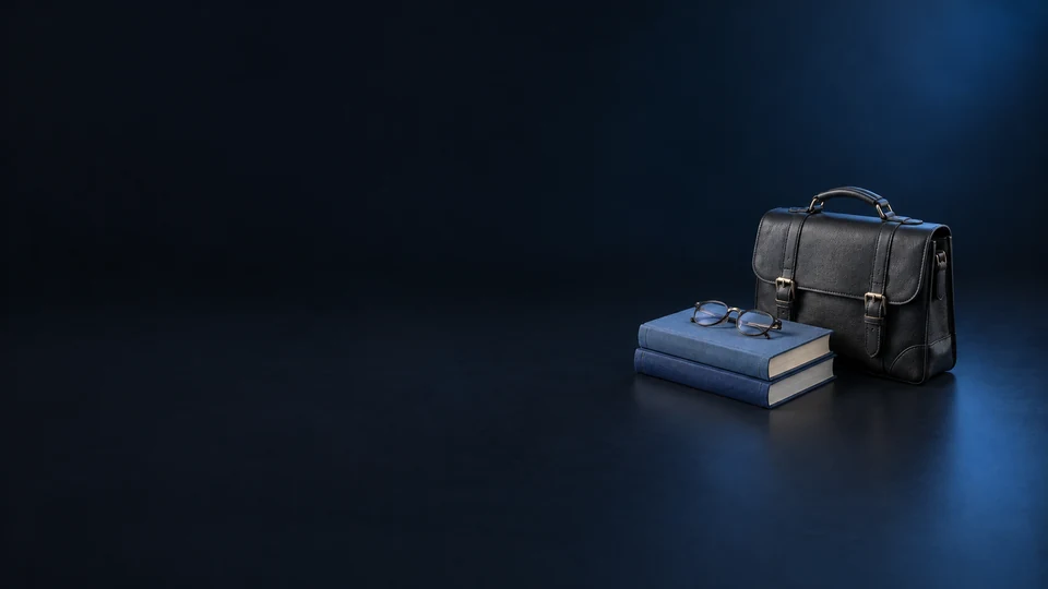 A dark leather study satchel beside two blue cloth books with folded reading glasses on top.