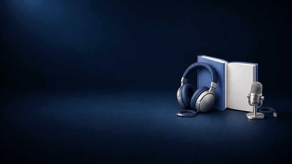 Blue headphones, an open blank book and a silver desk microphone with neatly coiled cables.