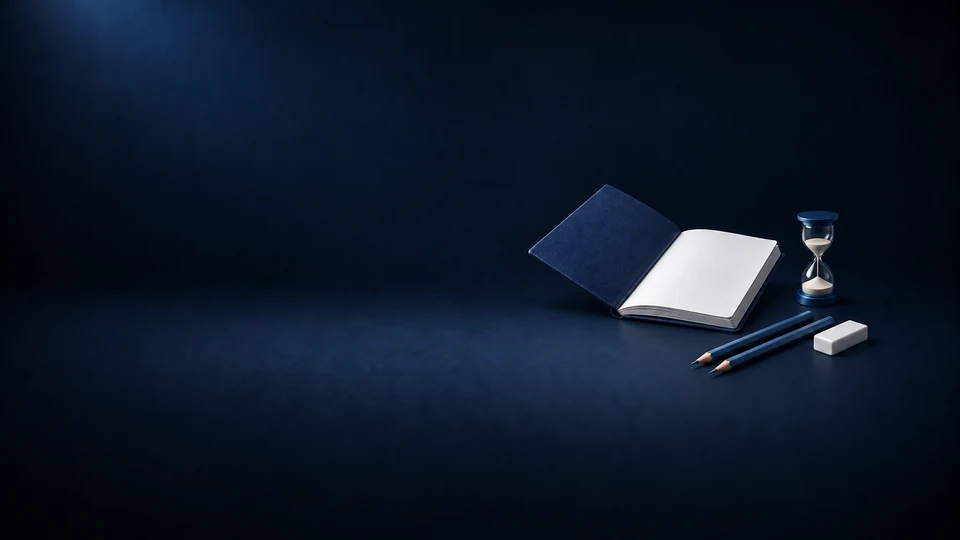 A blank navy practice book, a glass sand timer, two blue pencils and a white eraser.