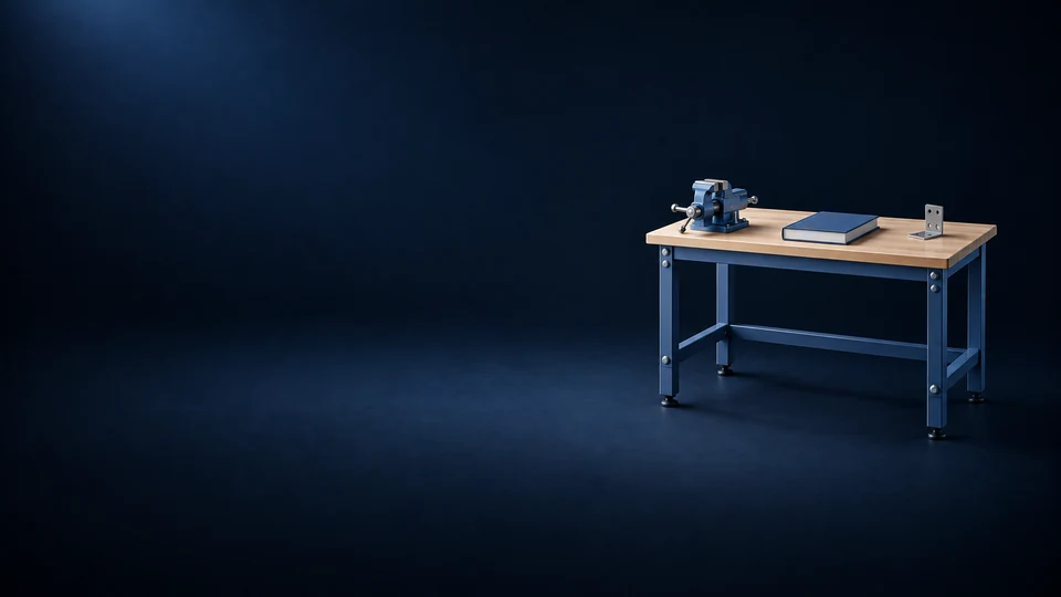 A compact wooden workbench with a blue metal frame, empty vise, closed blue manual and loose metal bracket.