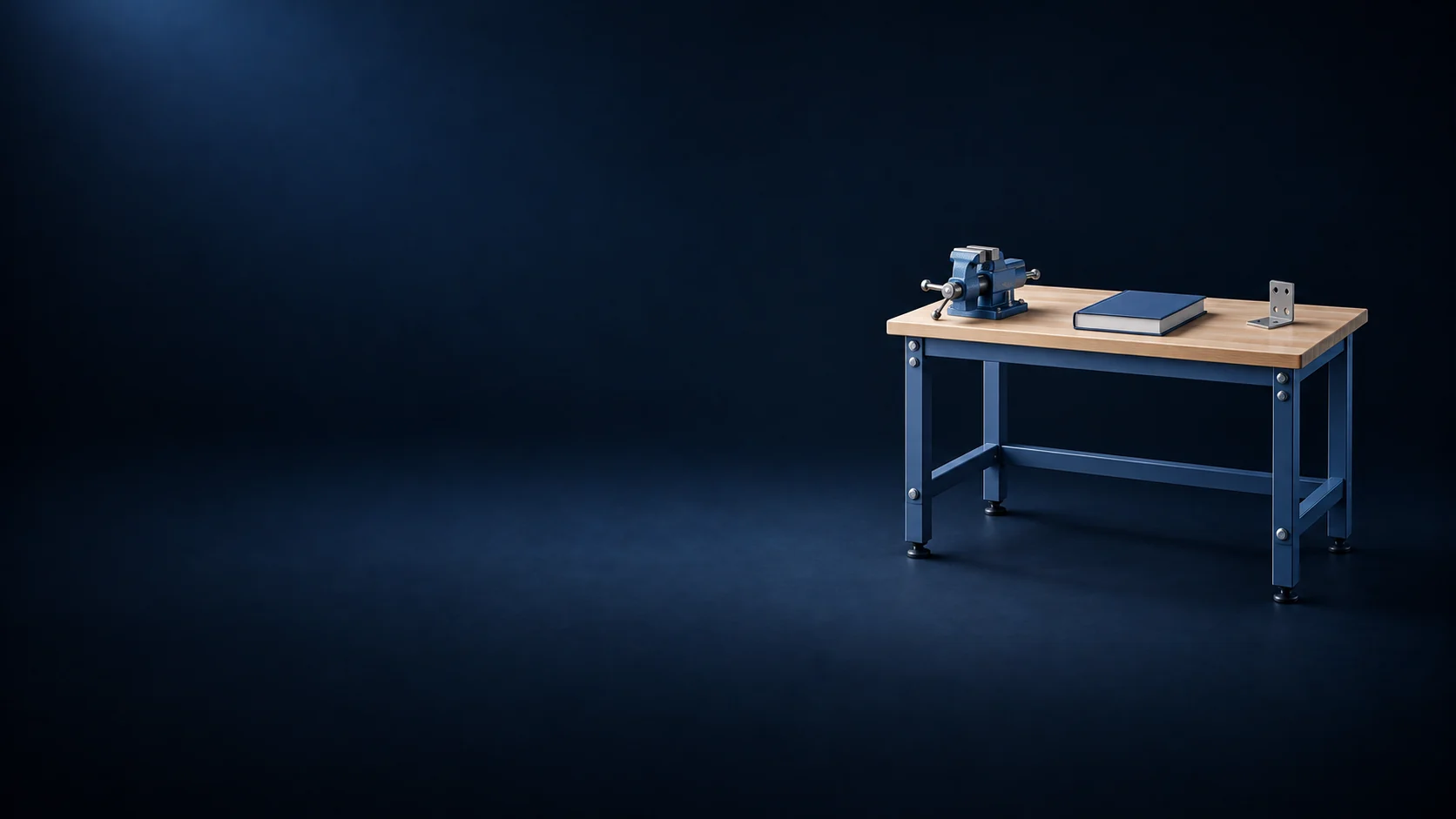 A compact wooden workbench with a blue metal frame, empty vise, closed blue manual and loose metal bracket.