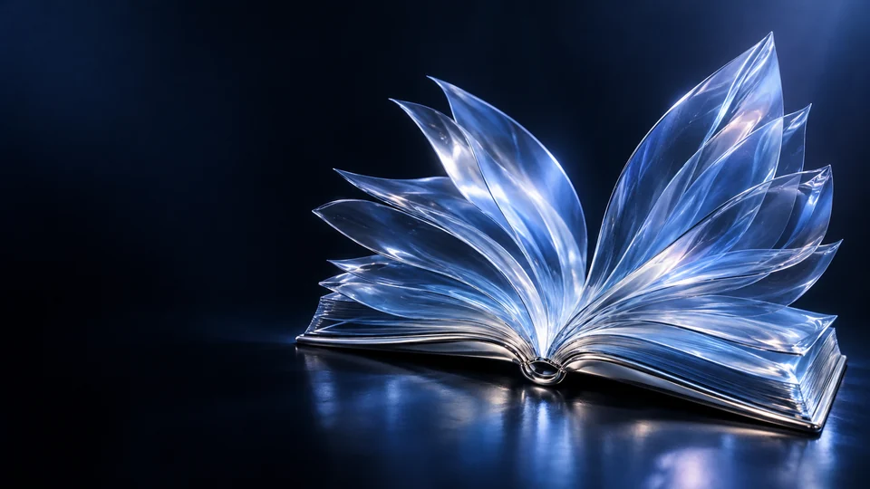 Open glass book with translucent blue pages fanning upward.