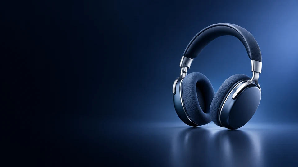 Blue over-ear headphones with woven cushions on a dark studio surface.