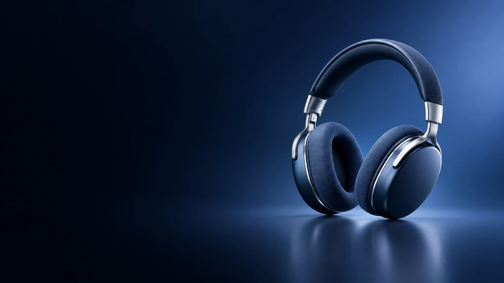 Blue over-ear headphones with woven cushions on a dark studio surface.