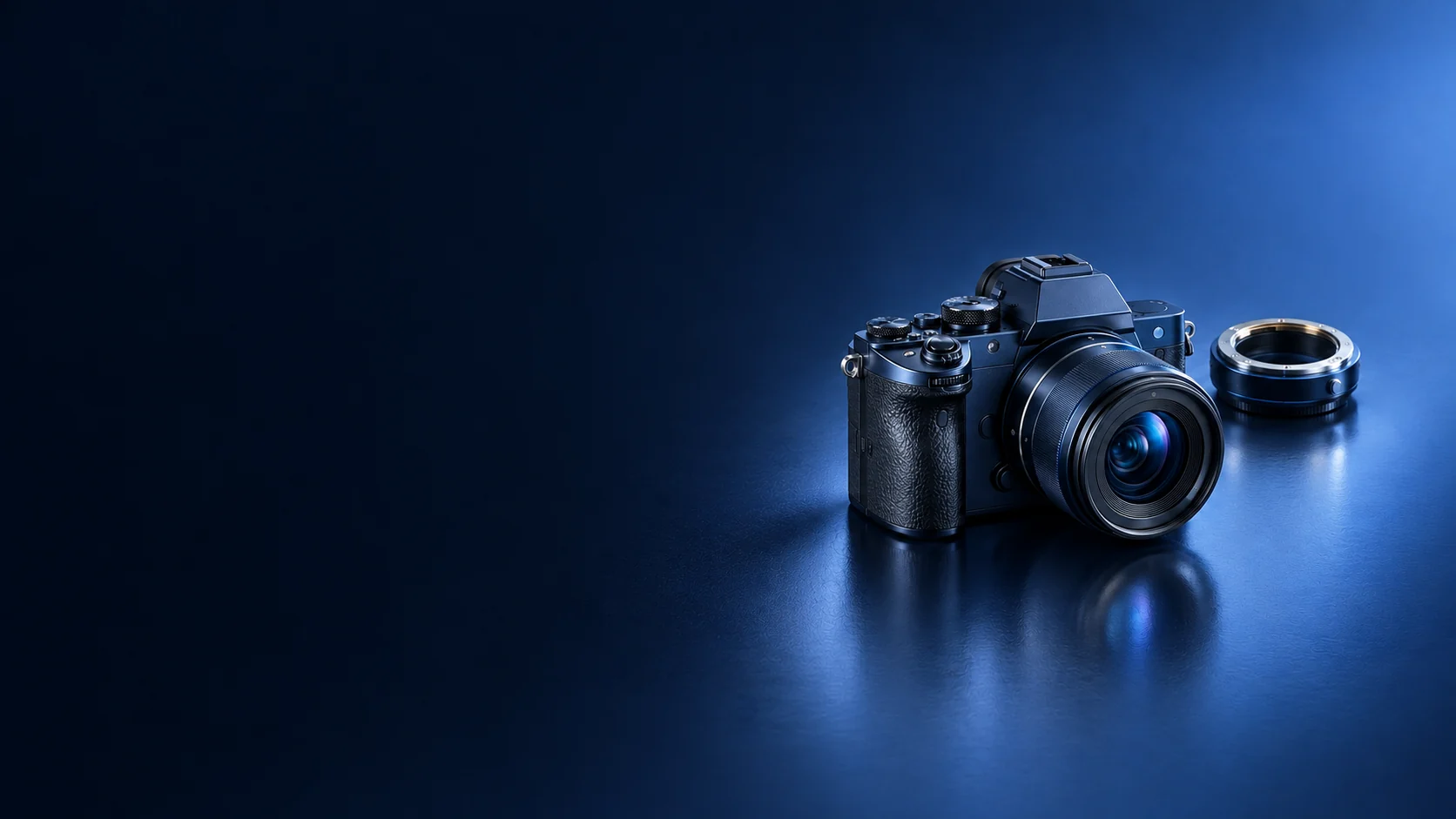 Unbranded mirrorless camera with a separate metal adapter ring.