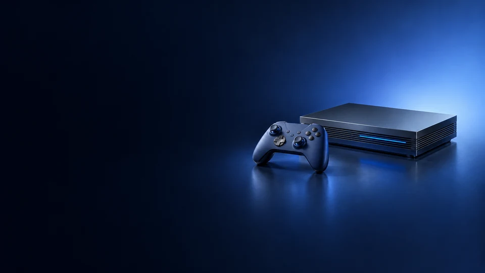 Original dark gaming console and controller under blue studio light.