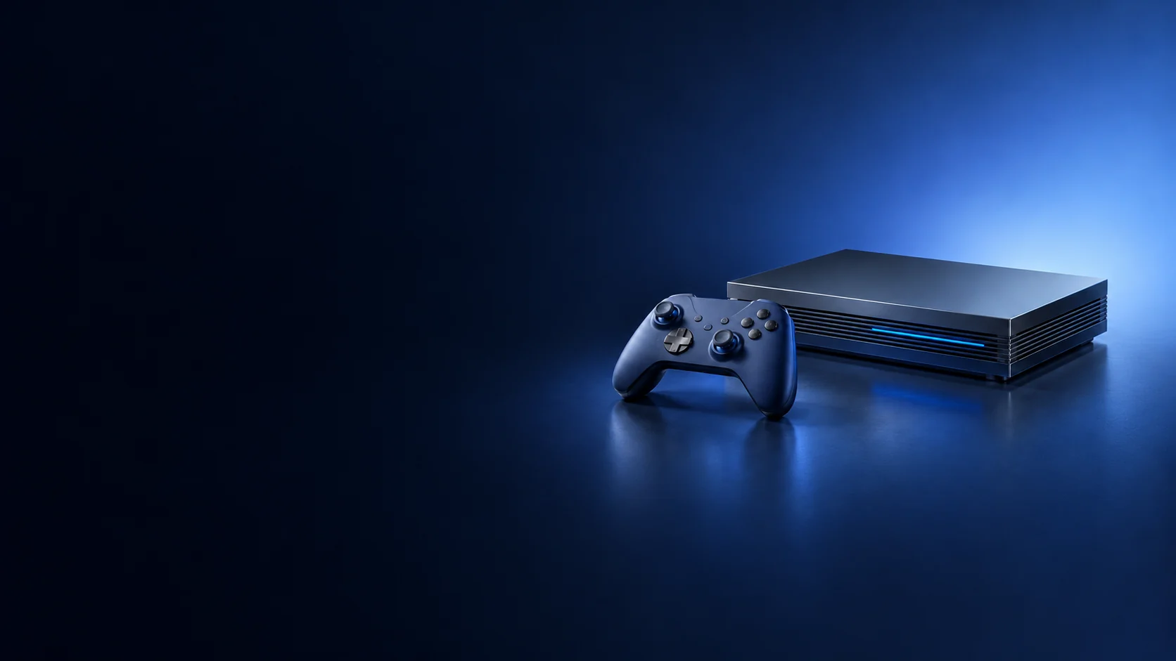 Original dark gaming console and controller under blue studio light.