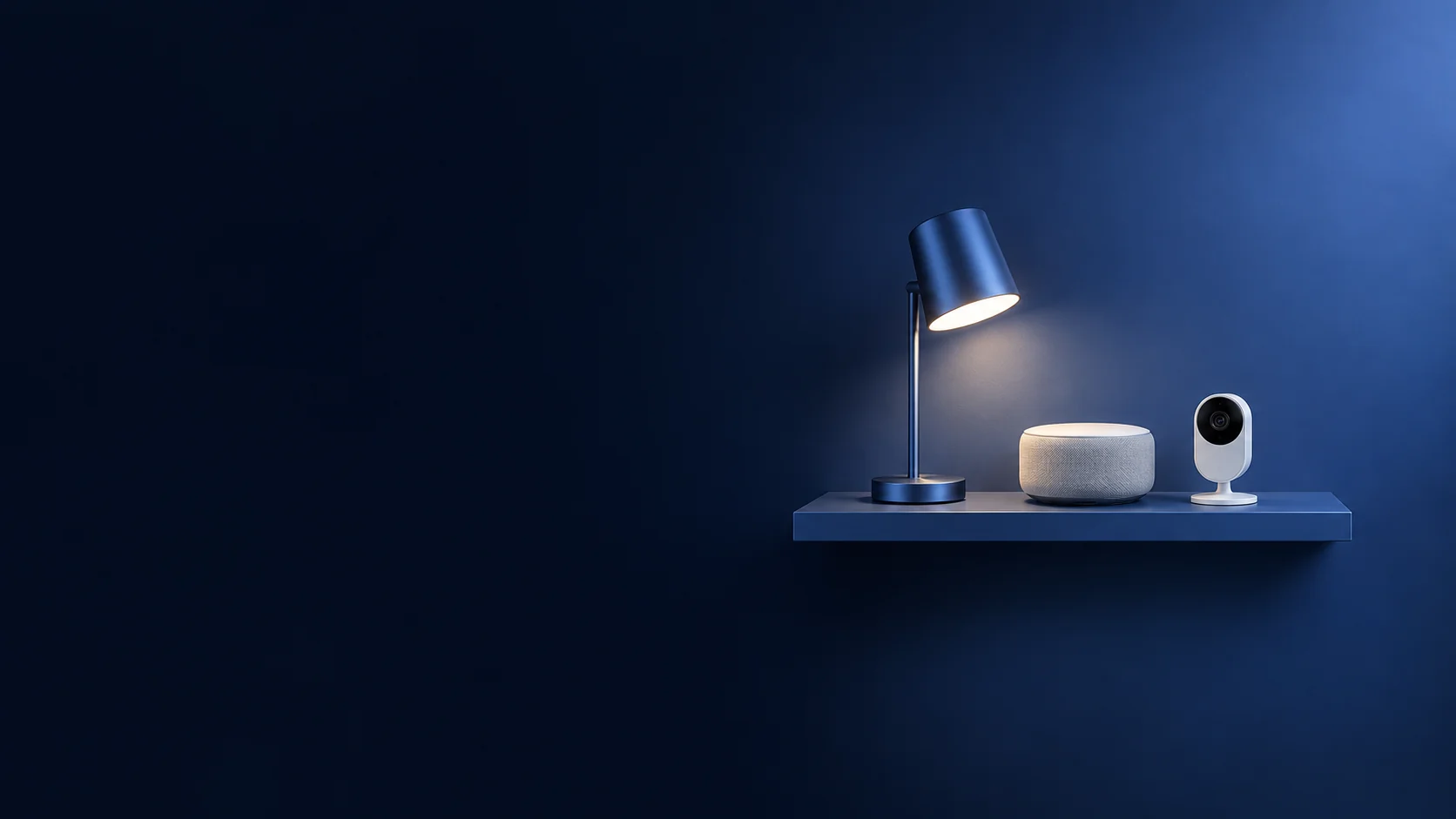 Small desk lamp, fabric-covered hub and indoor camera on a cobalt shelf.
