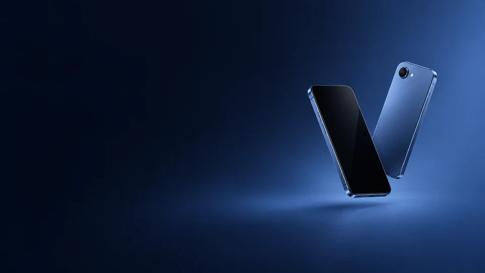 Two unbranded smartphones with dark glass and satin blue metal surfaces.