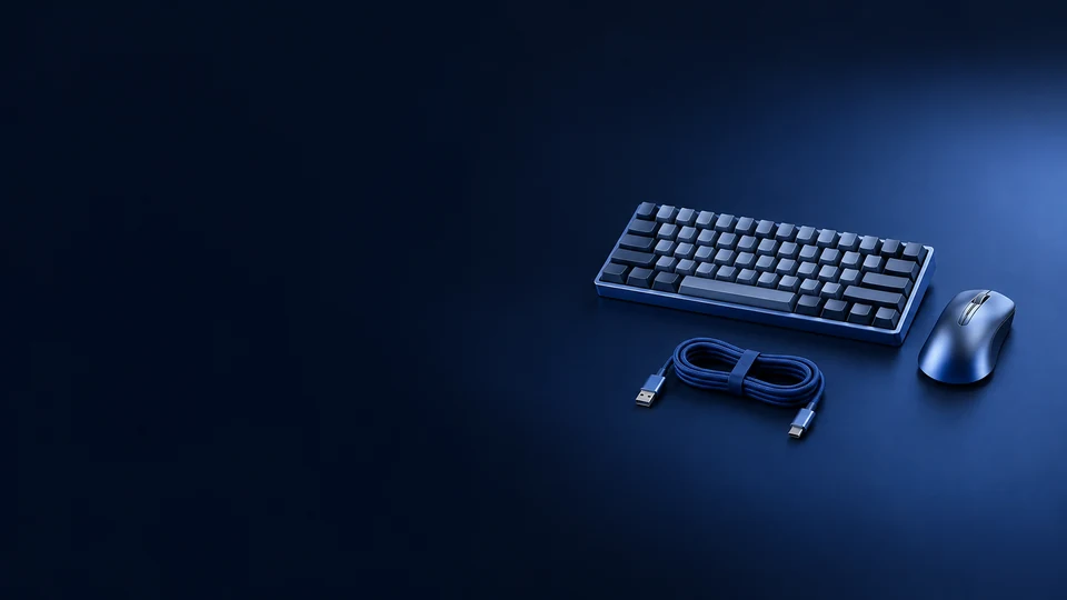 Compact keyboard, mouse and neatly coiled blue cable.