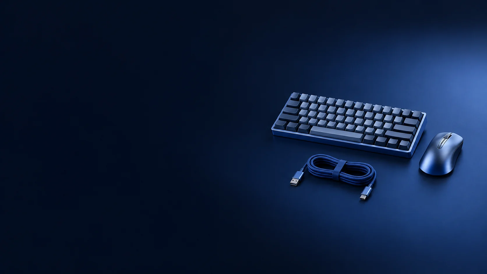 Compact keyboard, mouse and neatly coiled blue cable.