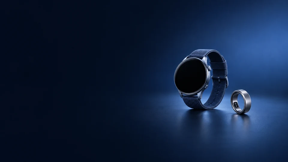 Round smart watch with a blue fabric band beside a titanium ring.