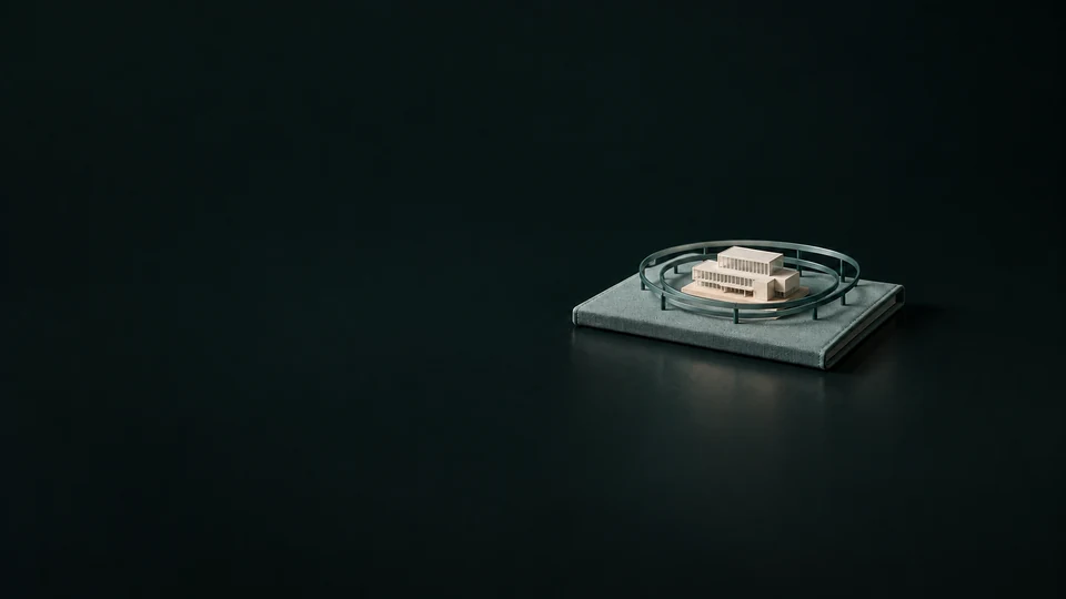 A small office model within teal oval boundary frames on a closed briefing folder.