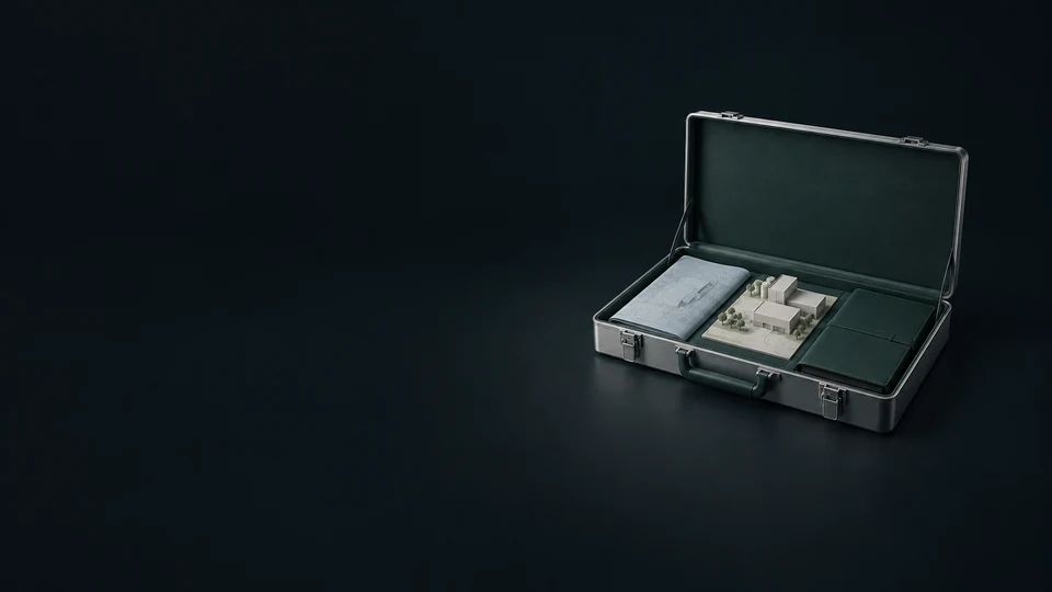 An open site-review case with folded diagrammatic plans, a small facility model and a green folio.