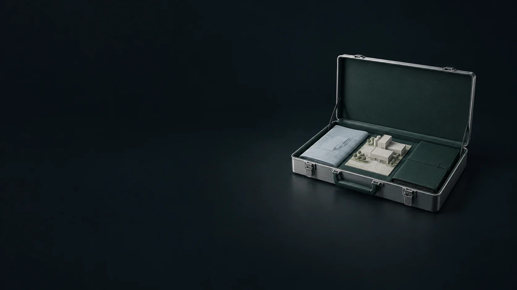 An open site-review case with folded diagrammatic plans, a small facility model and a green folio.