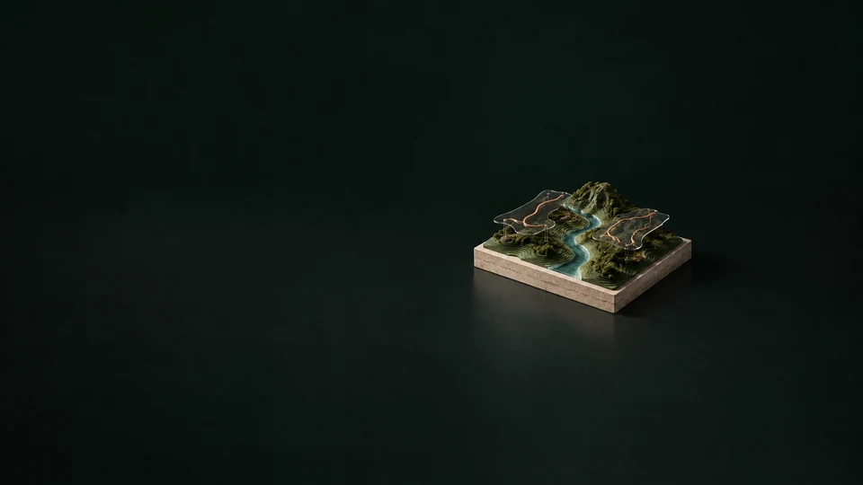 A layered terrain model with a river channel and copper route strips on removable overlays.