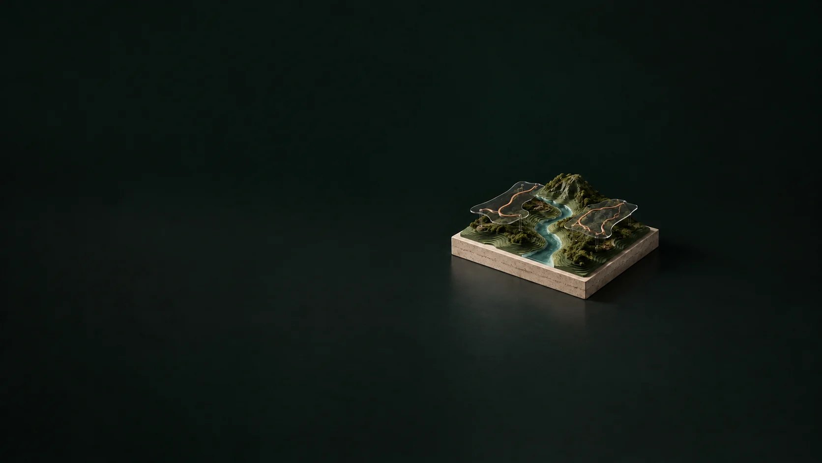 A layered terrain model with a river channel and copper route strips on removable overlays.