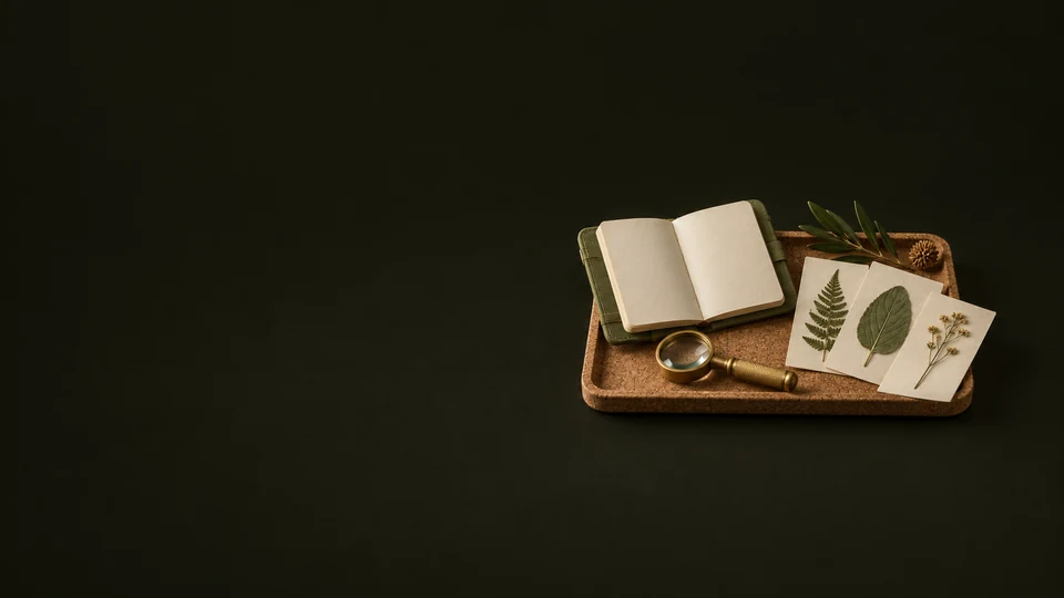 An olive field notebook, brass hand lens and pressed-leaf specimen cards on a cork tray.