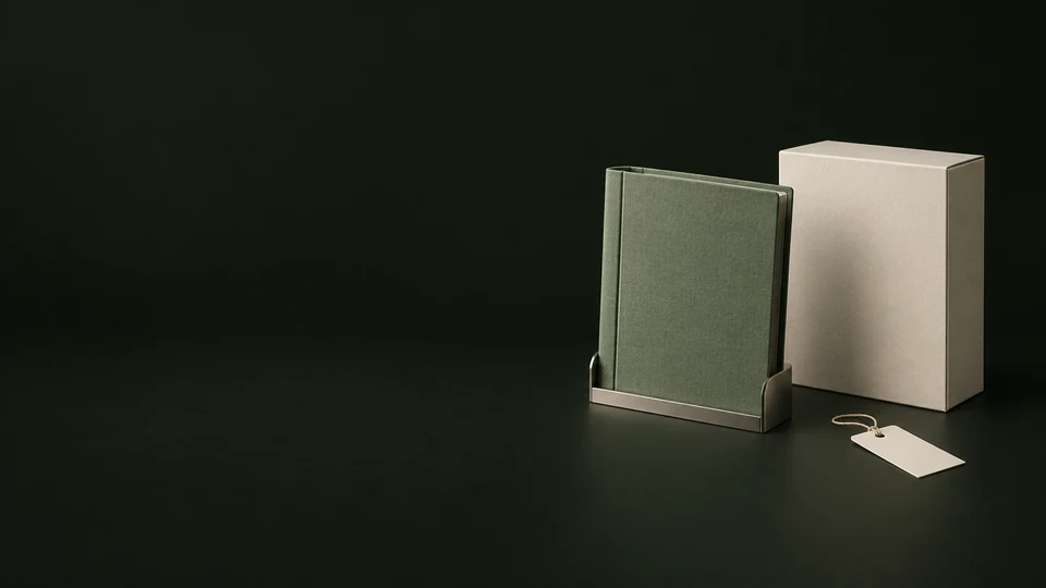 A green document binder in a nickel cradle beside a plain ivory box and blank tag.