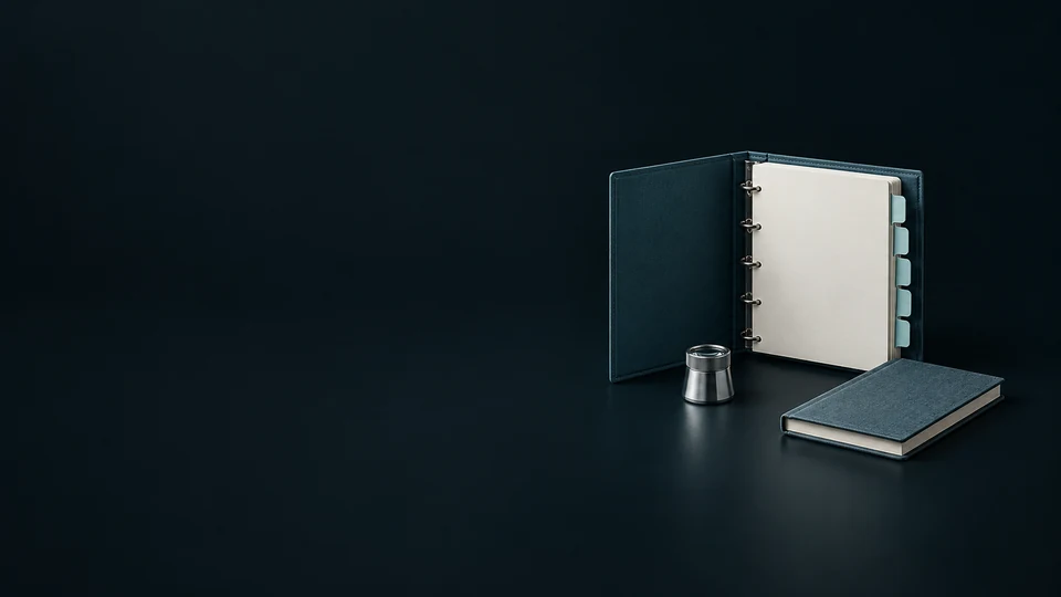 A blank blue-green audit binder with pale tabs, a silver loupe and a closed notebook.