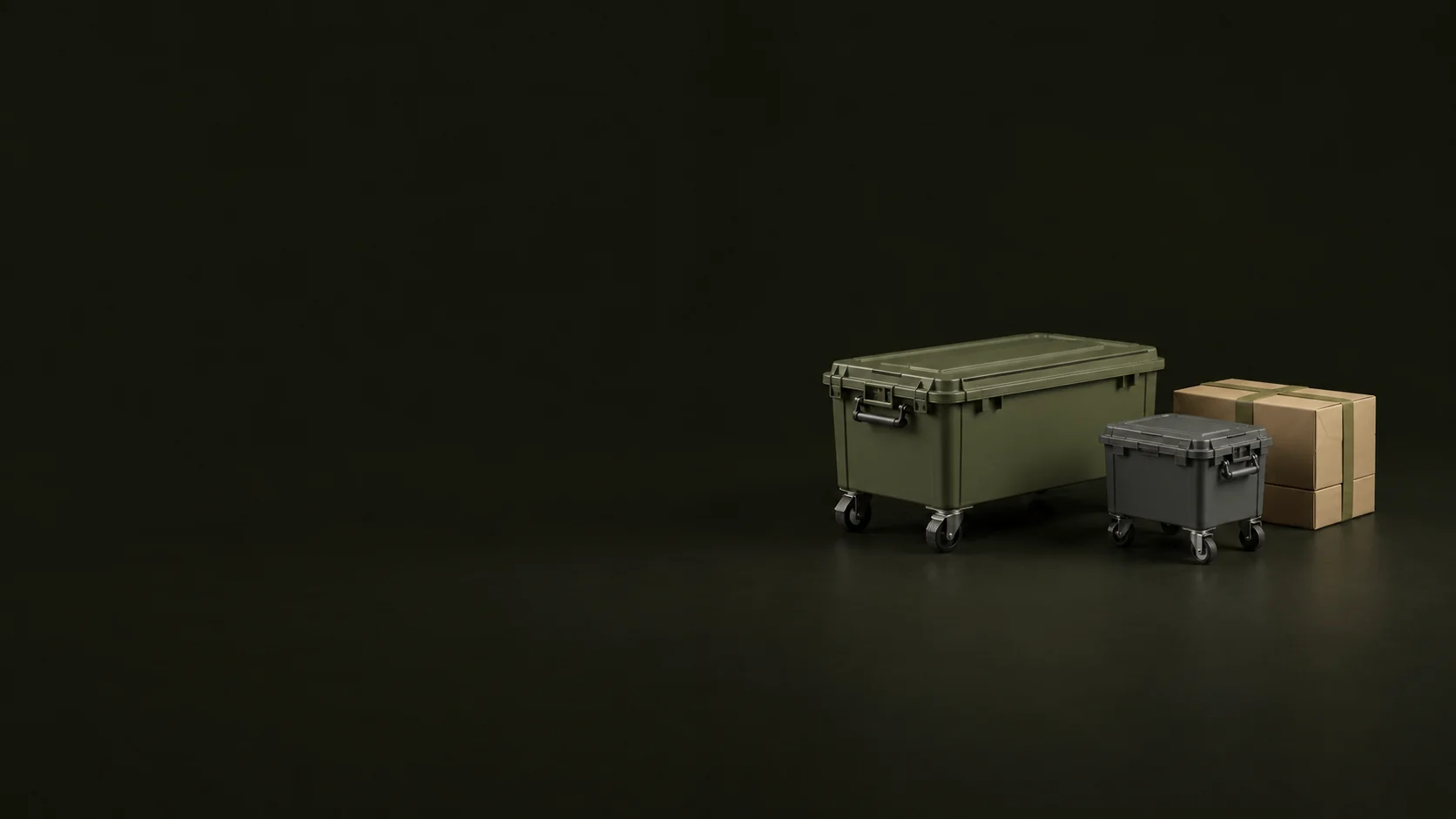 Two small wheeled collection containers with closed lids beside plain kraft cartons.