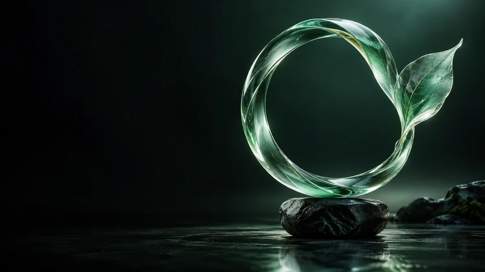 Green glass ring with a leaf resting above dark stone.